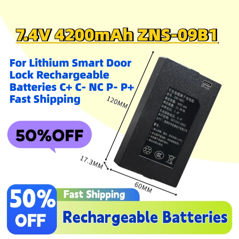 High-Quality New 7.4V 4200mAh ZNS-09B1 Battery for Lithium Smart Door Lock Rechargeable Batteries C+ C- NC P- P+ Fast Shipping