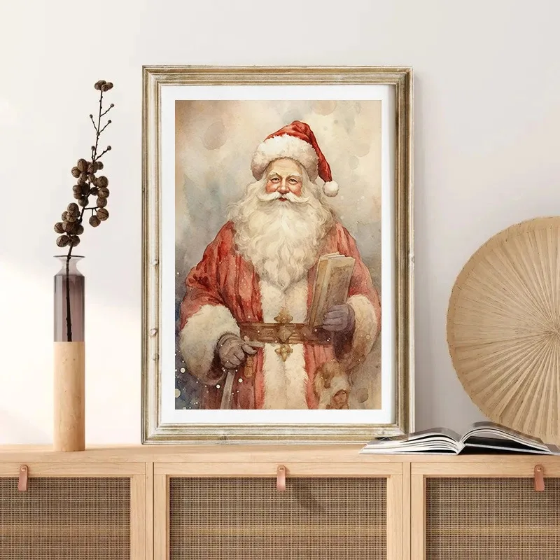 Vintage Rustic Christmas Santa Claus Pine Tree Reindeer Poster and Prints Canvas Printing Wall Art Picture for Living Room Decor