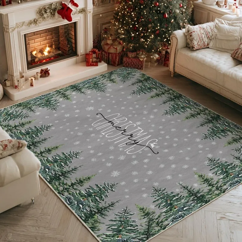 Merry Christmas Letter Printed Carpet Grey Pine Tree Large Area Floor Rug for Living Room Fireplace Indoor Home Decoration