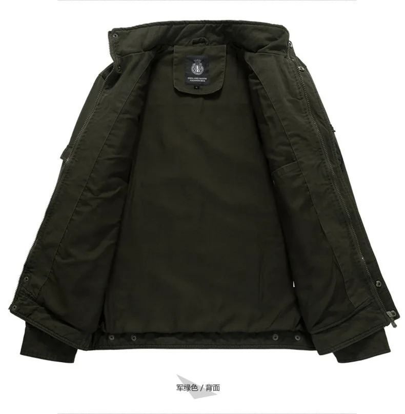 MaiDangDi Male Casual Jacket with Multiple Pockets Embroidered Print Zipper Solid Cotton Washed Work Clothes Men's Coat