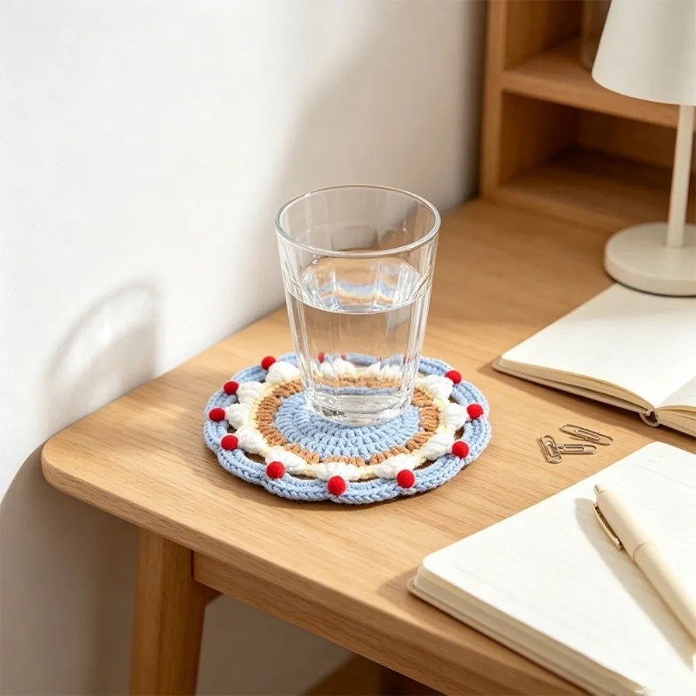 Creative Knitted Cream Cake Crochet Coaster Heat Resistant Non Slip Insulation Mat Handmade Coffee Cup Mat Coffee Table