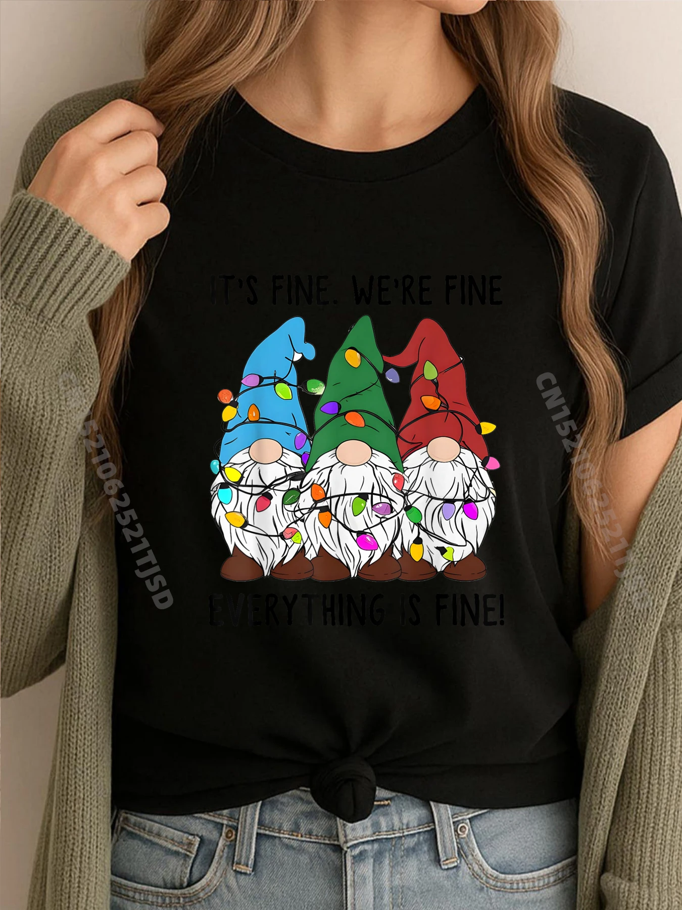 

It Fine Everything Is Fine Gnome Christmas Lights Xmas Pjs Graphic T Shirts Woman Oversized New Year 2025 Classic