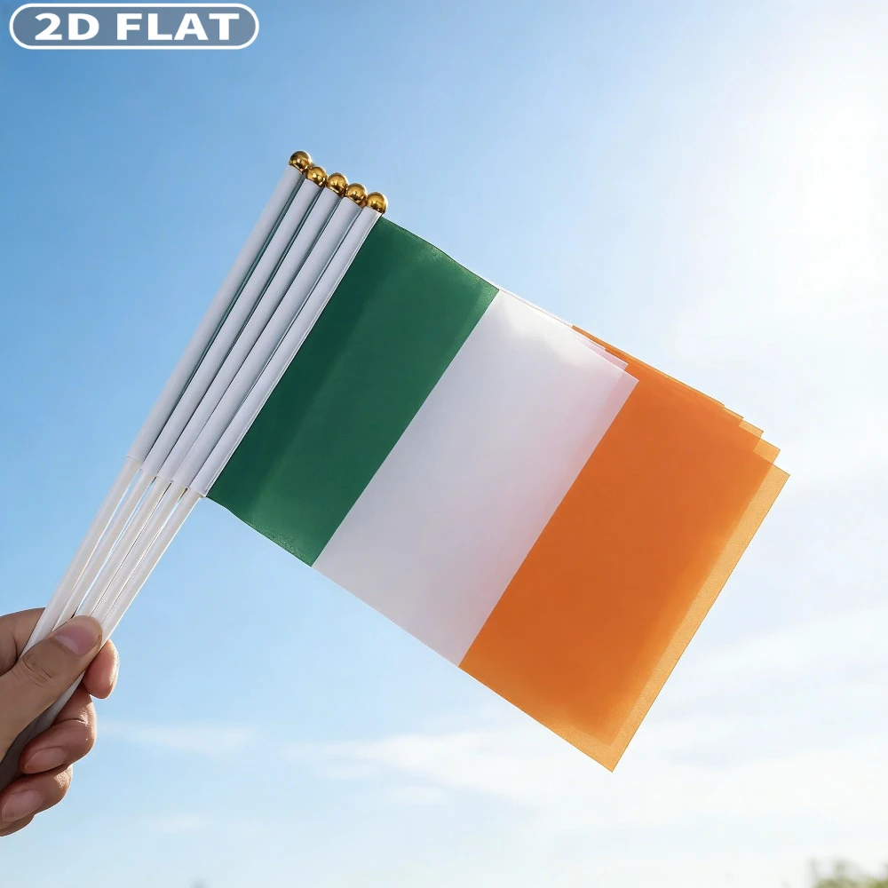 2D FLAT 10pcs/20pcs Irish Flags, Polyester Handheld Flags with Green & Orange Stripes & Golden Details, 14x21cm/5.5x8.2 Inch