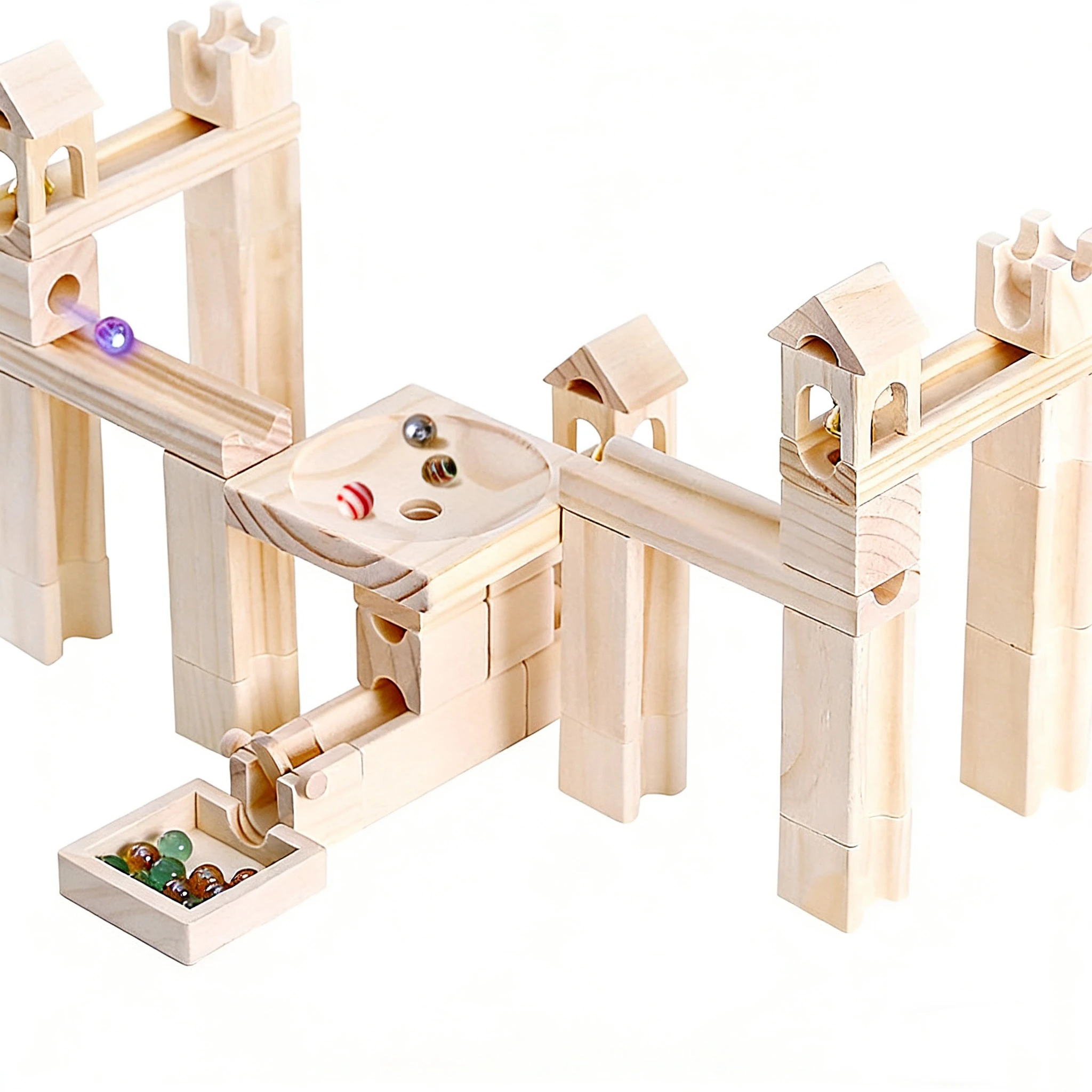 60pcs Wooden Marble Run Building Blocks, Educational Assembly Ball Track Puzzle Toy for Kids Gift