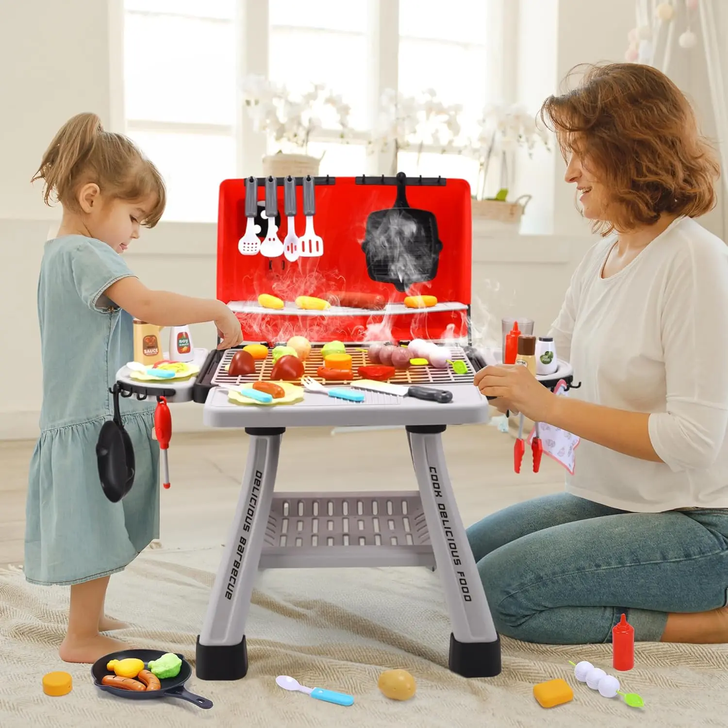 CUTE STONE Children's BBQ Grill Toy, Kitchen Playset, Realistic Smoke BBQ Grill Playset with Toy Kitchen Accessories.