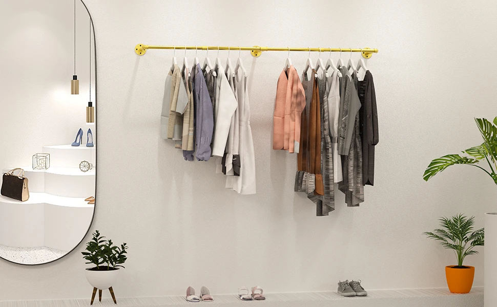 Industrial Pipe Metal Clothes Rail Wall Mounted Germent Rack Hanging Stand