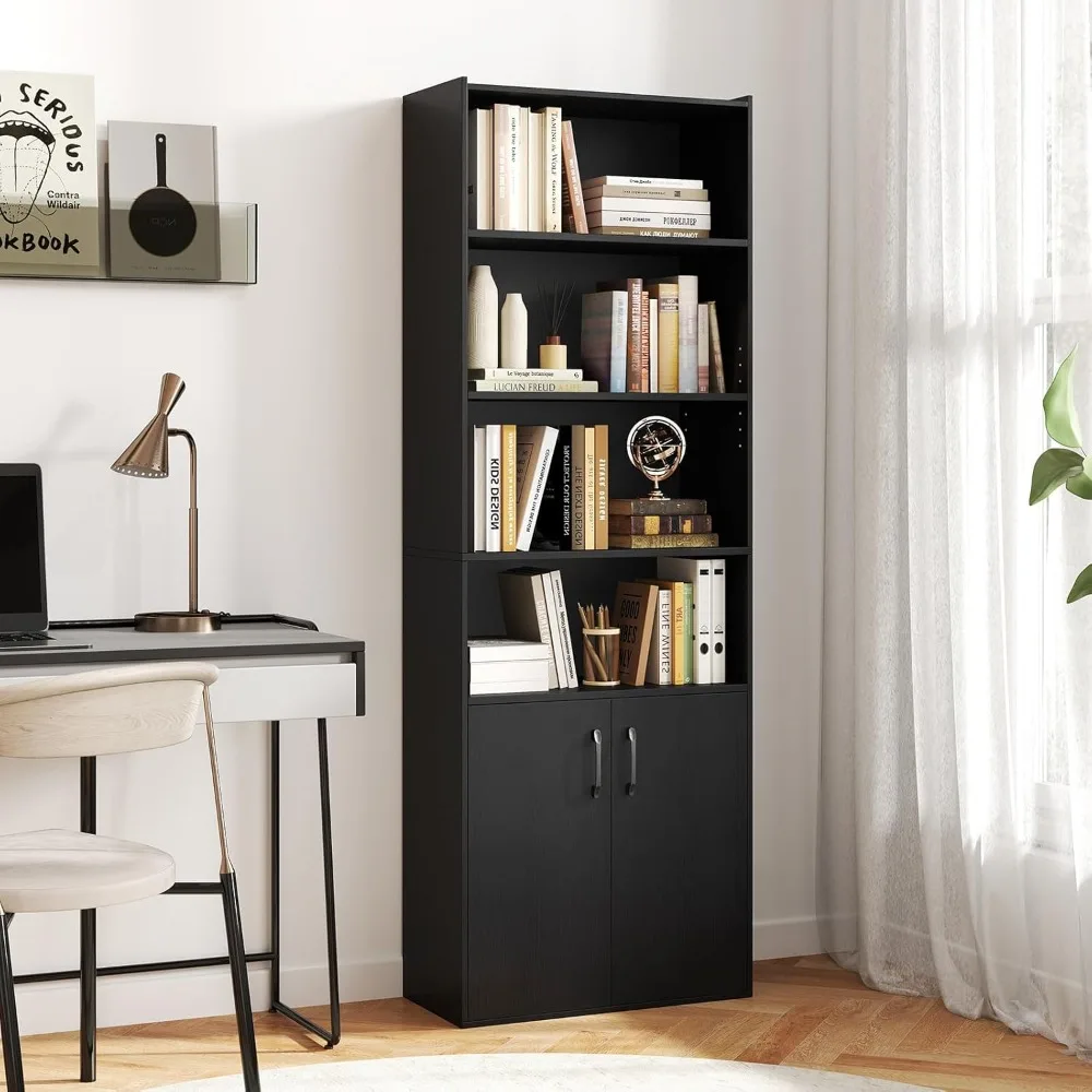 

70" Bookcase with 2 Doors, 6-Tier Modern Bookshelf w/Cabinet, Elegant Storage Cabinet, Adjustable Shelves, Customized