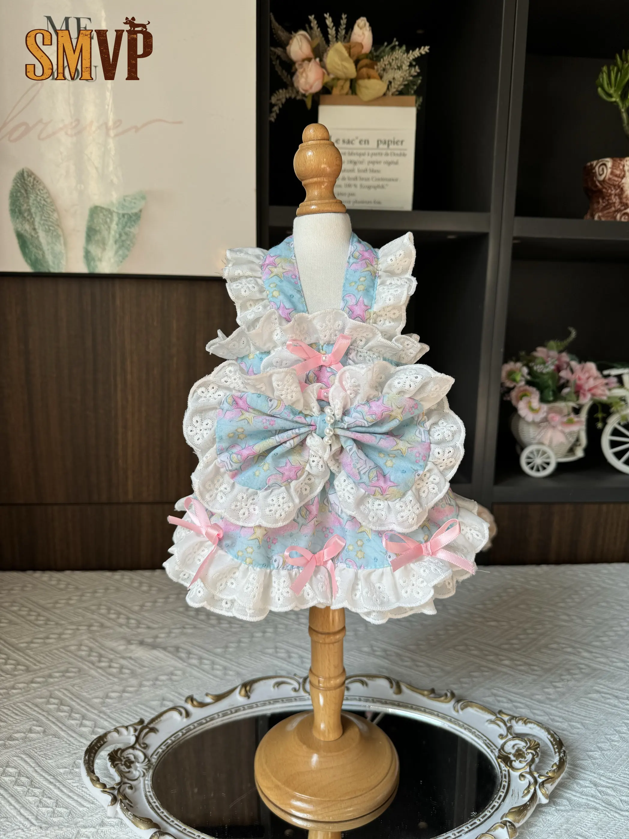 

Summer Limited Edition Style Star Print Color Lace Trim Decoration Lolita Dress Sweet College Style Pet Small Dog Dress