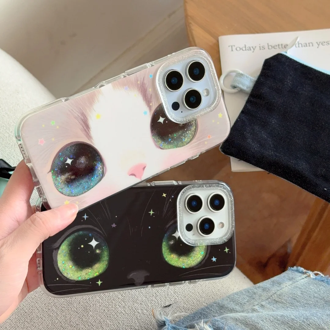 

kawaii Green Cat Eyes black kitten Phone Case For iPhone 16 15 14 13 12 Pro Max lns Silicone Sparkling stars back Cover﻿