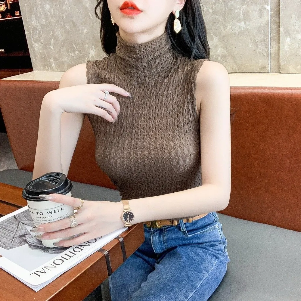 Stretchy Turtleneck Collar Tank Top Crinkle Texture Hollow Out Lace Camisole Sheer Mesh Slim Fit Mesh Blouse For Women