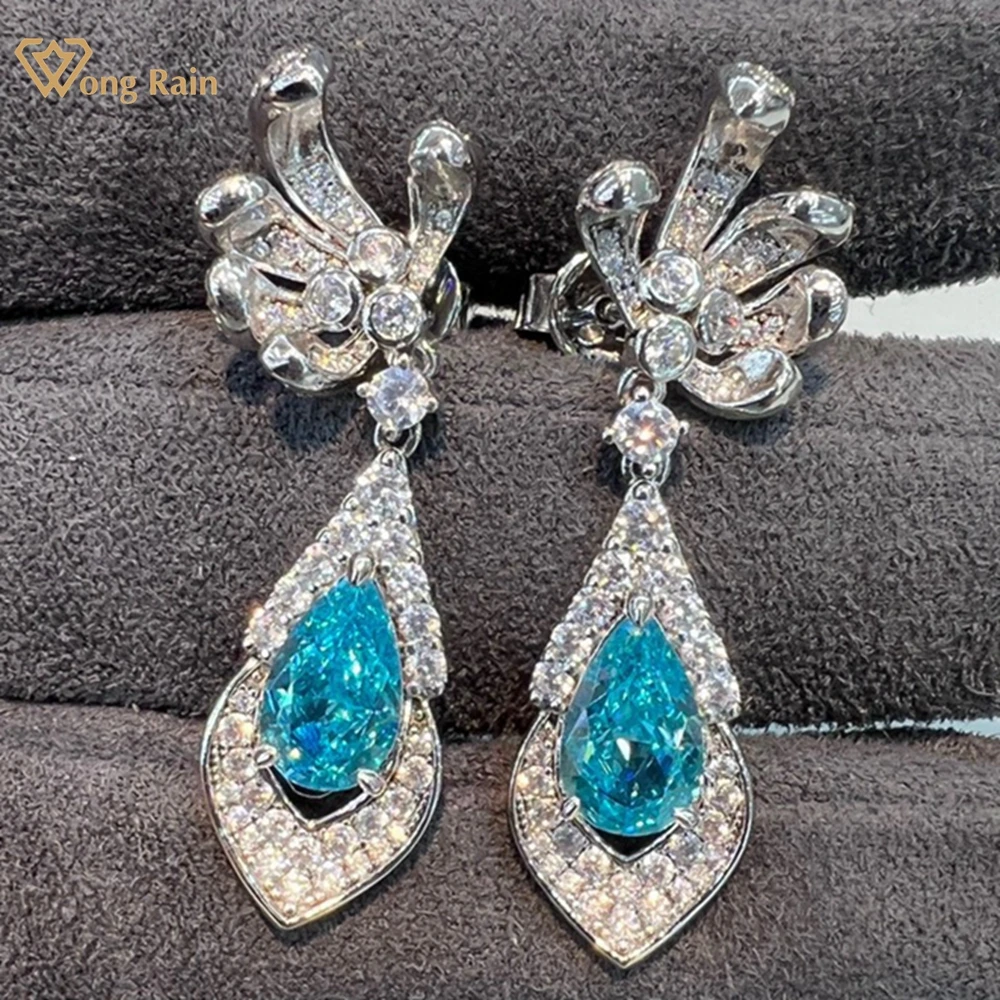 

Wong Rain 925 Sterling Silver Pear Cut Paraiba Tourmaline High Carbon Diamond Gemstone Water Drop Dangle Earrings Fine Jewelry