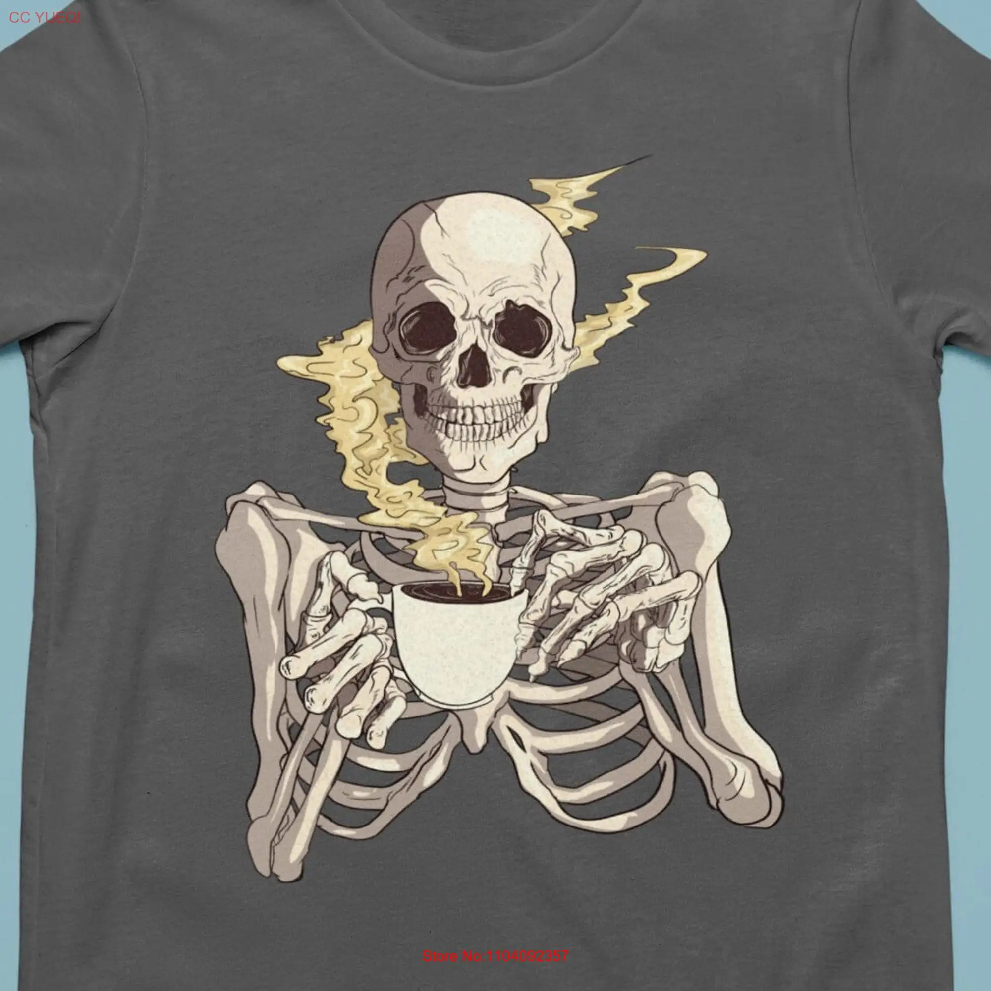 Skeleton Coffee Break T Shirt Lover Funny Enjoying Top Black long or short sleeves