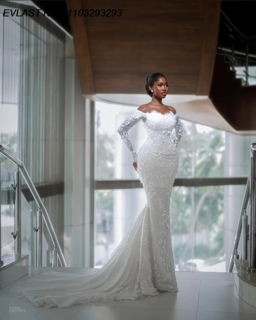 EVLAST Customized African Mermaid Wedding Dress Off Shoulder Floral Applique Crystals Beaded Bridal Gown Vestidos De Novia TMD85