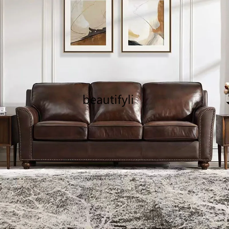 American country leather sofa first floor cowhide villa small apartment three-person retro