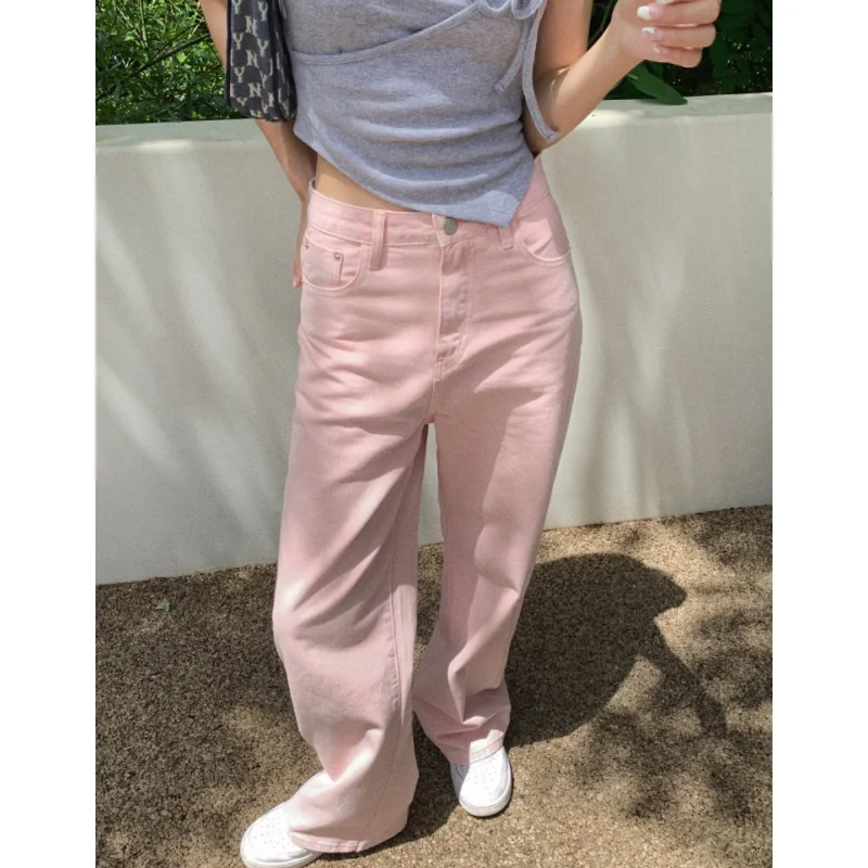 

Women Pink Jeans Solid Vintage Straight Baggy Pants Chic Design Streetwear Fashion Y2K Style Denim Summer NEW Wide Leg Trouser
