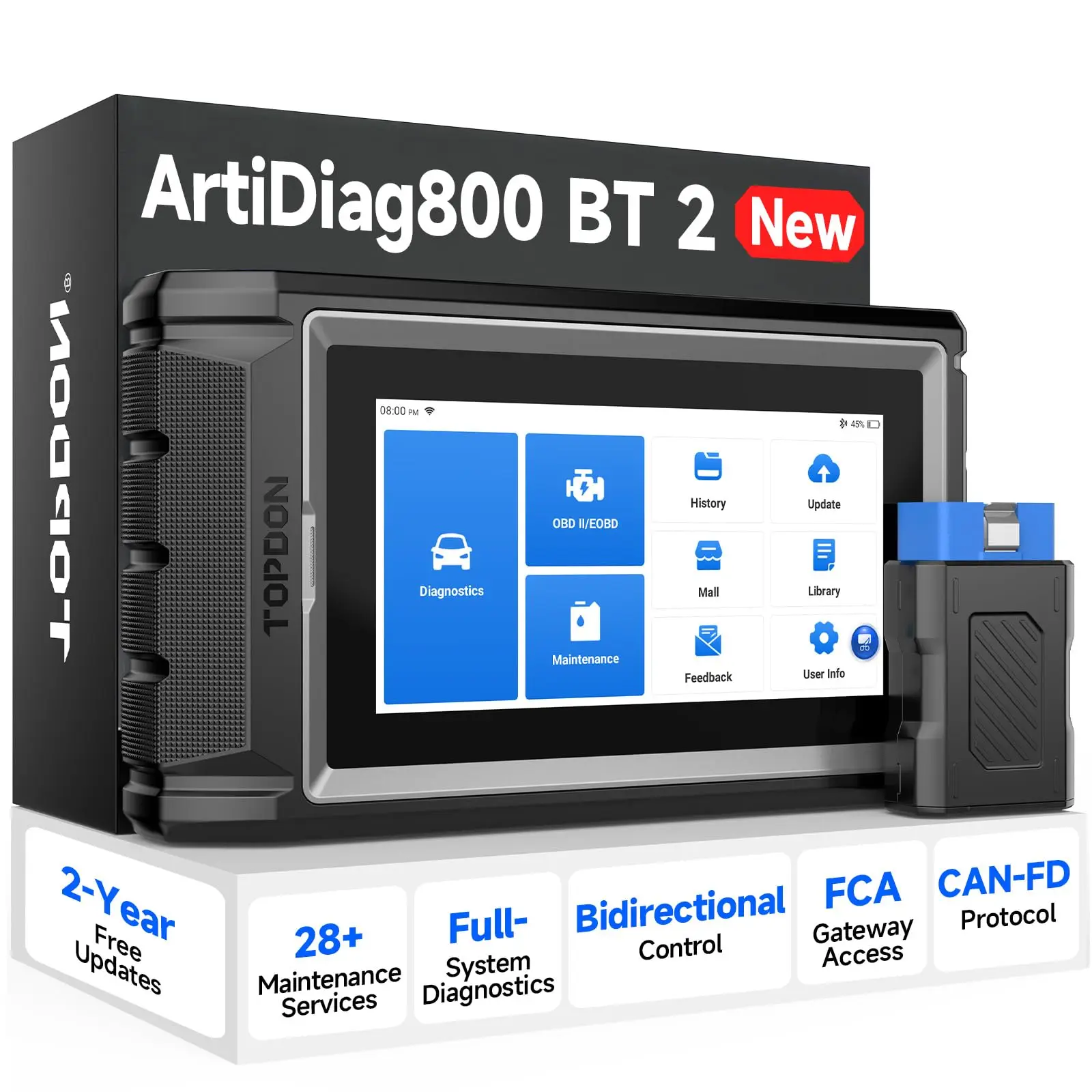 TOPDON AD800BT OBD2 Scanner, 2026 Bidirectional Scan Tool, Full System Automotive Diagnostic Scanner, Active Test, 28+ Reset Services, FCA AutoAuth