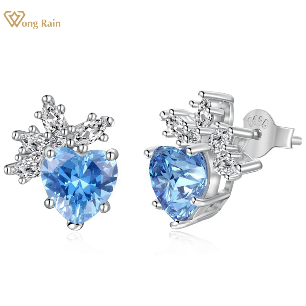 

Wong Rain Romantic 925 Sterling Silver 7*7 MM Heart Cut Lab Sapphire Aquamarine Gemstone Stud Earrings for Women Fine Jewelry