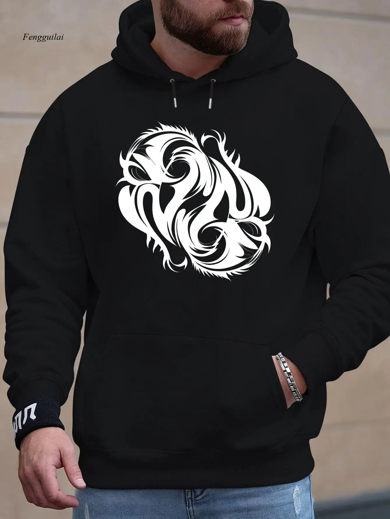 سويت شيرت بغطاء للرأس برسومات لهب باللونين الأبيض والأسود - بلوفر عالي الجودة بأكمام طويلة مع غطاء رأس برباط قابل للتعديل