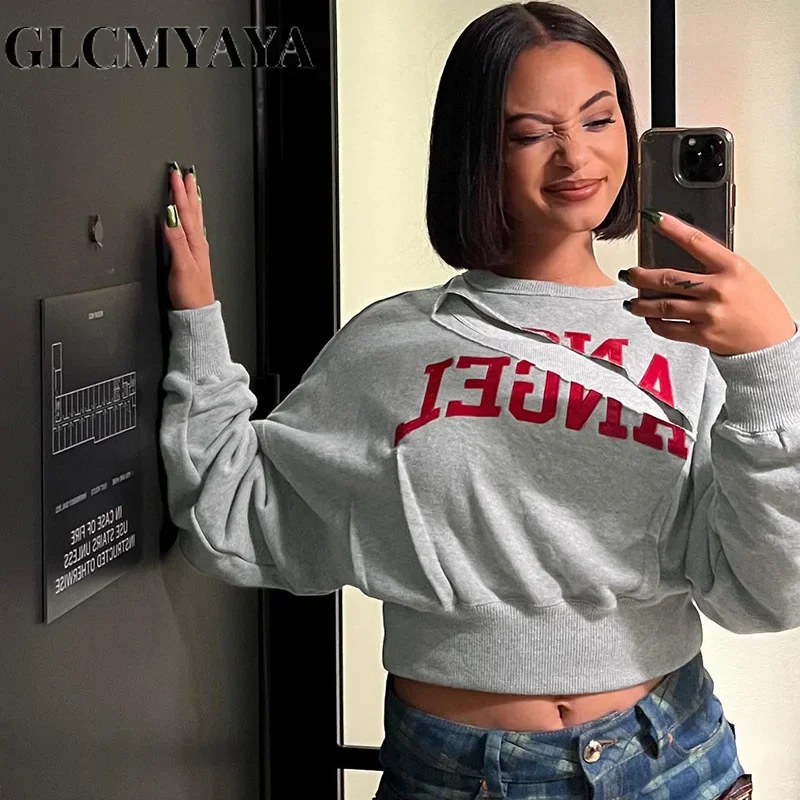 GLCMYAYA Women Fashion Hollow Out Letter Print O-Neck LOOSE Hoodies 2023 INS Casual Long Sleeve Sexy Sweatshirts Autumn/Winter