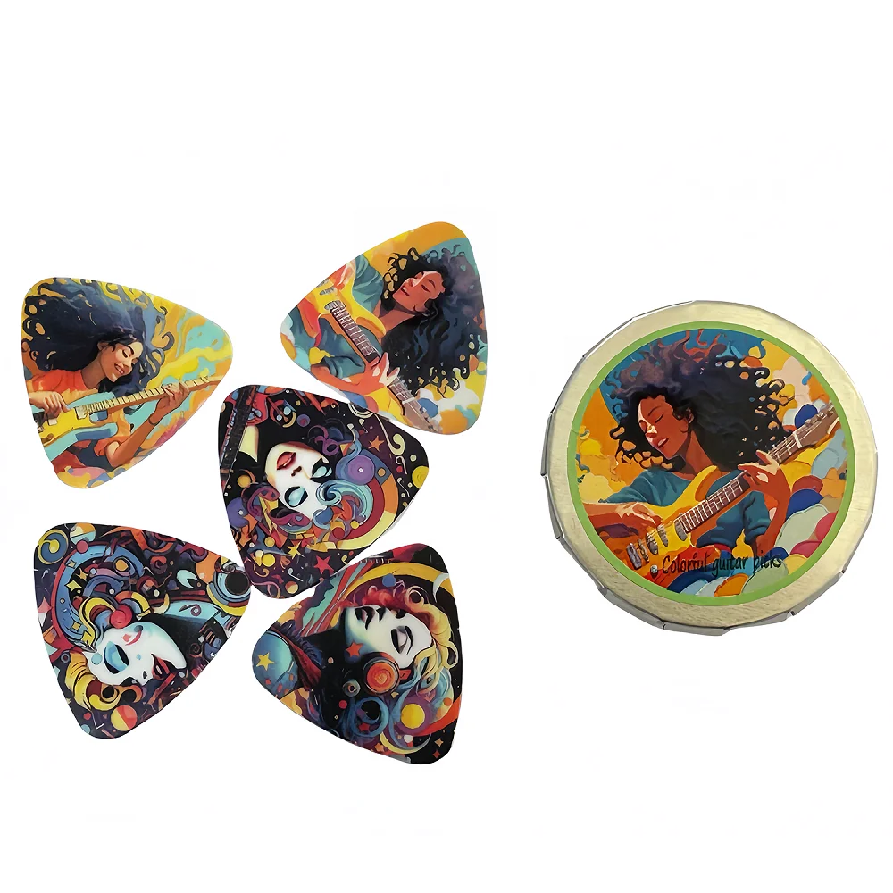 5pcs/set Triangle Guitar Paddles Cartoon Couples Acoustic Guitar Picks With Iron Box/PU Case, Musical Instrument Accessories