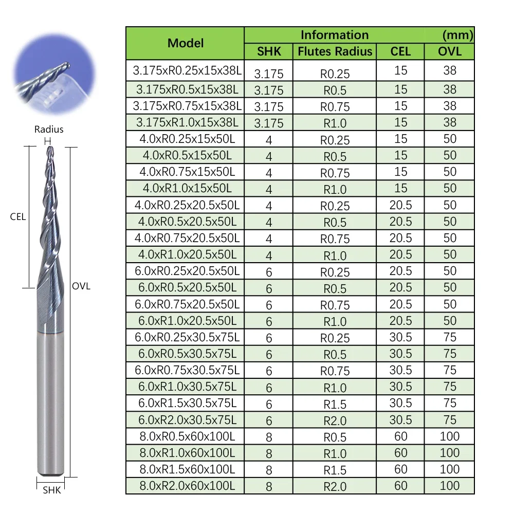 10Pcs 3.175 4 6 8mm Tapered End Mills Ball Nose Router Bits Milling Cutters for CNC Wood Metal DIY Woodworking Machining Tools