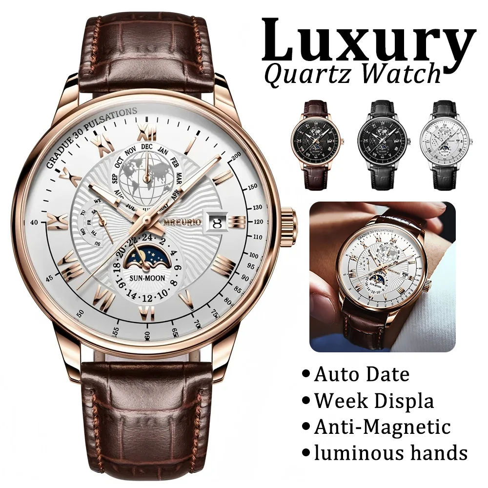 

Роскошные мужские часы, водостойкий хронограф, фаза Луны, светящиеся мужские наручные часы, кожаные мужские кварцевые часы, повседневные часы