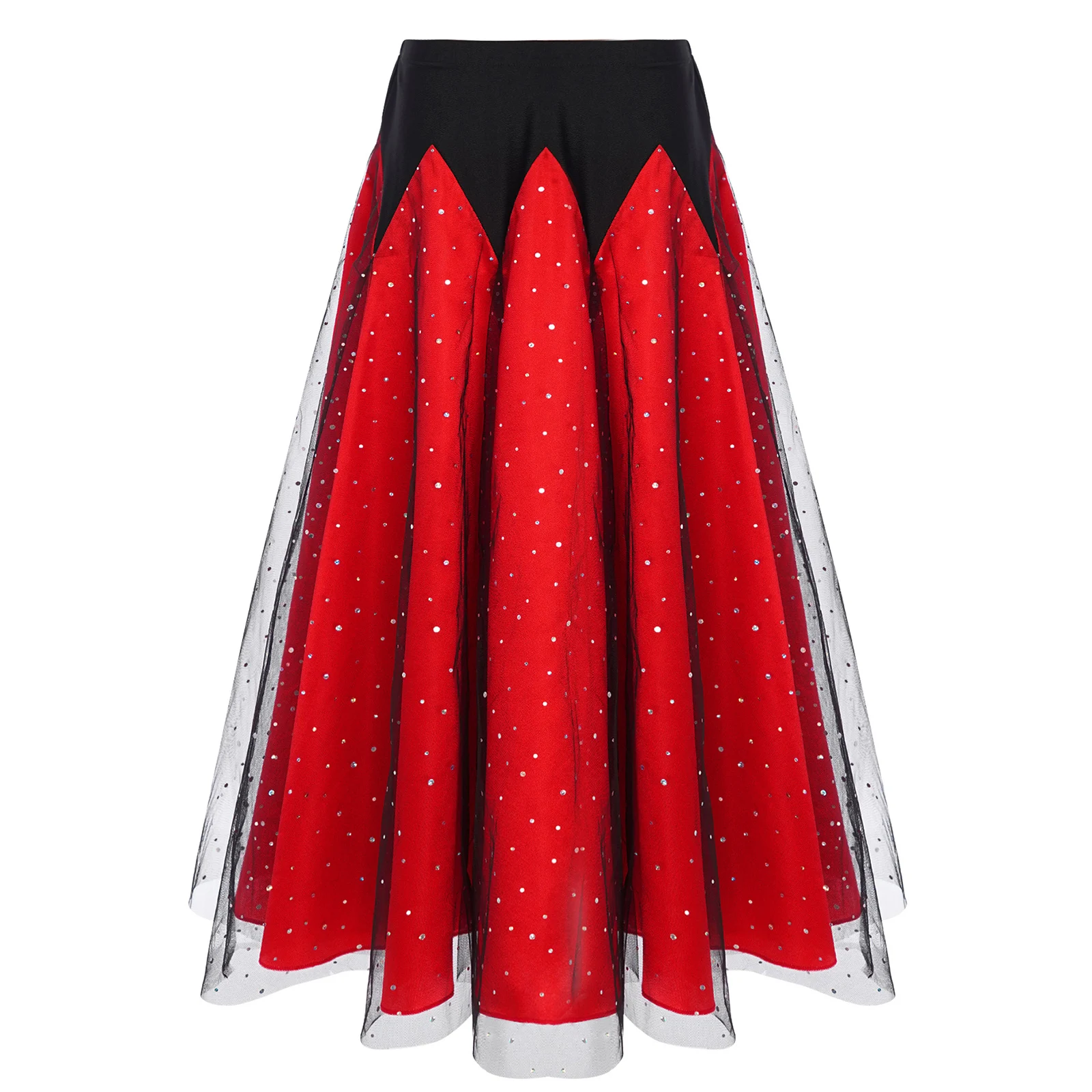 

Kids Girls Spanish Flamenco Dance Skirts Waltz Ballroom Dancewear Sparkly Sequins Color Block Elastic Waist Ruffled Tulle Skirt