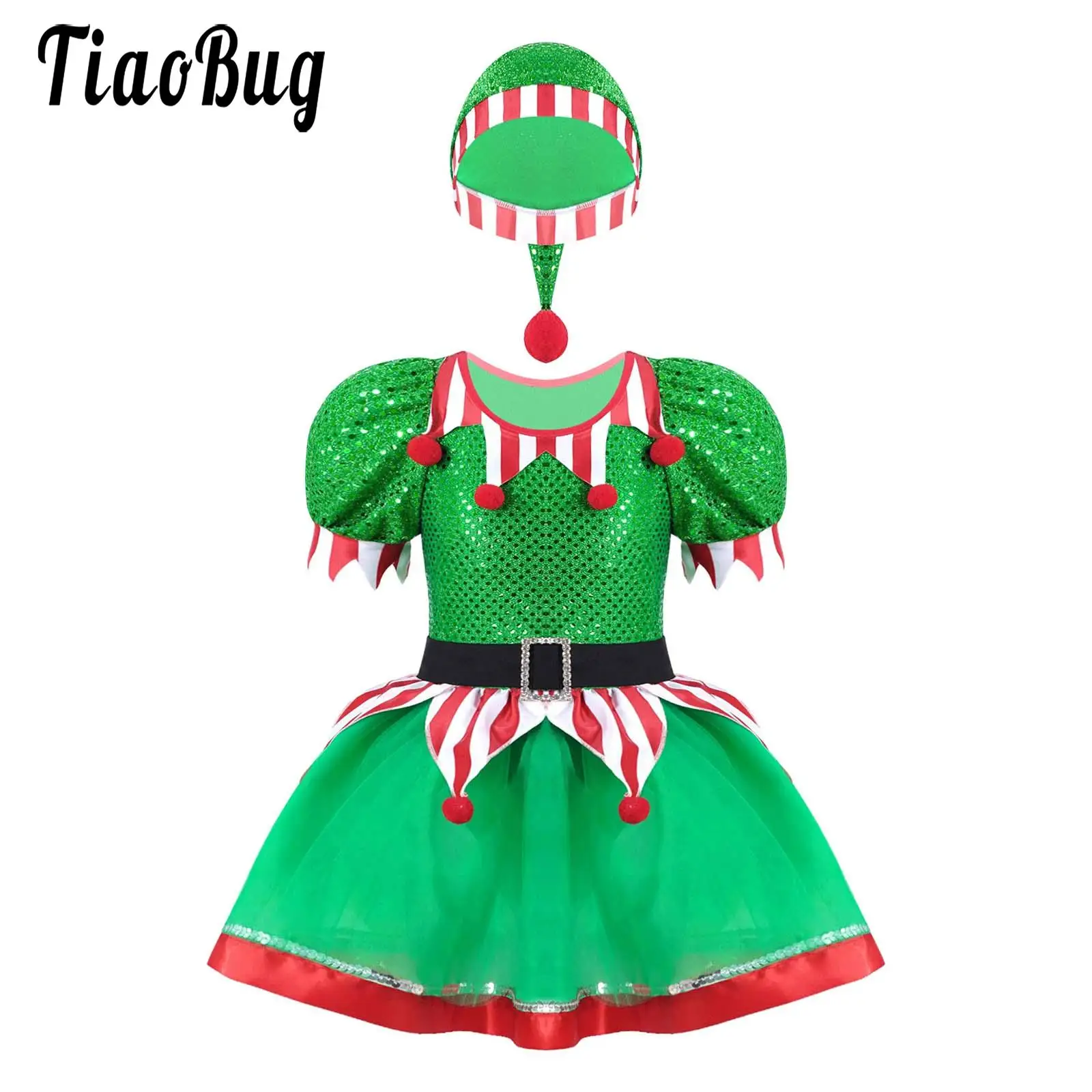 

Girls Elf Christmas Dance Costumes Cosplay Xmas Party Fancy Dress Up Sequin Leotards Tutu Ballet Dress Festive Outfit with Hat