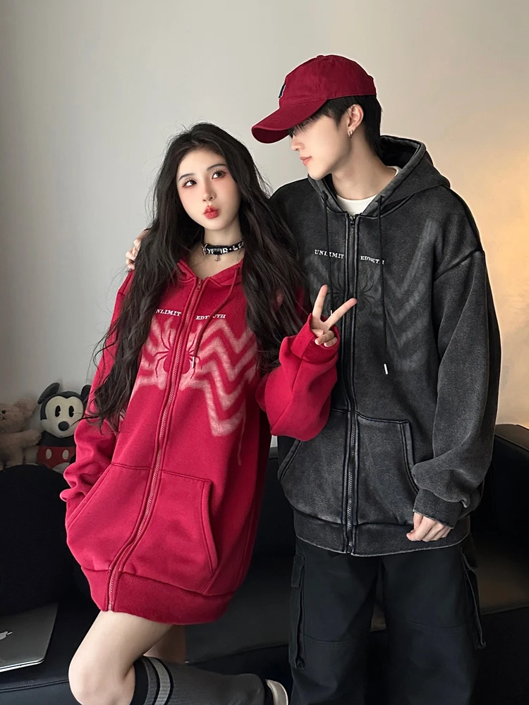 American Style Hooded Open Cardigan Men's Loose Washed Fleece Zipper Jacket Youth Trendy Shoulder Sleeve Casual Wear