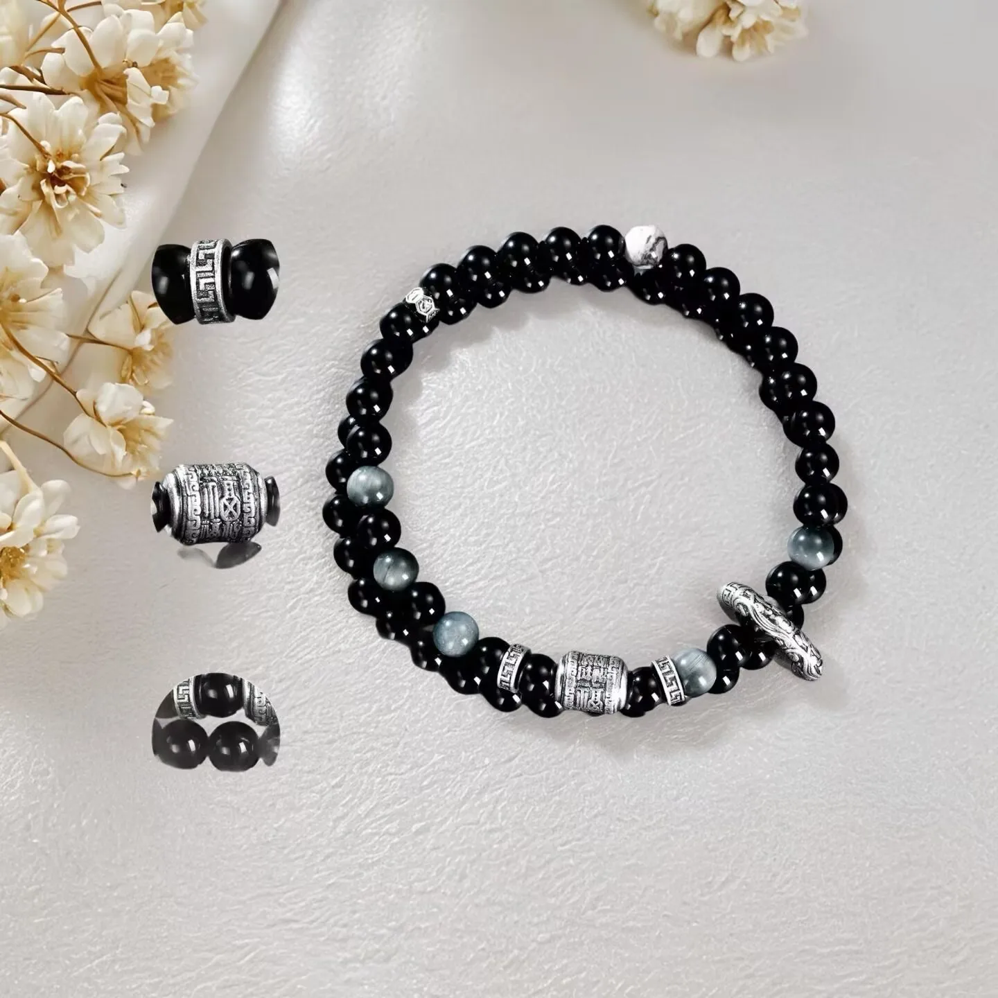 99 Pure Silver Obsidian Double Layer Peace Buckle Bracelet for Men Birthday Presents for Boyfriends Gifts
