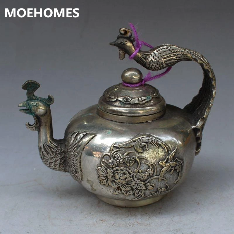 

Chinese ancient Tibet silver phoenix statue decoration kettle wine pot teapot metal crafts home decoration