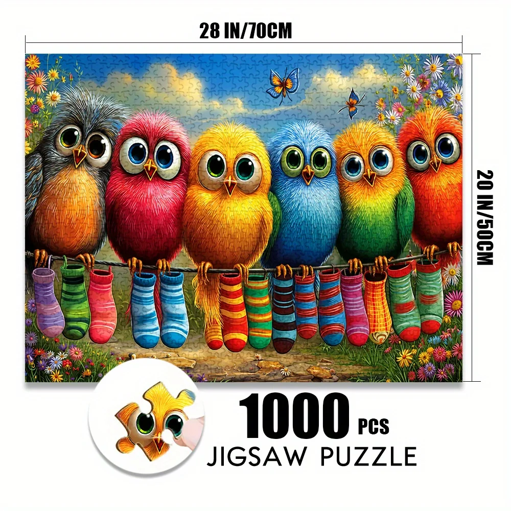 1000pcs Adult Jigsaw Puzzle, 27.56x19.69inch Large Size, Cartoon Style Bird with Rainbow Socks, 500pcs Paper Puzzle. Suitable