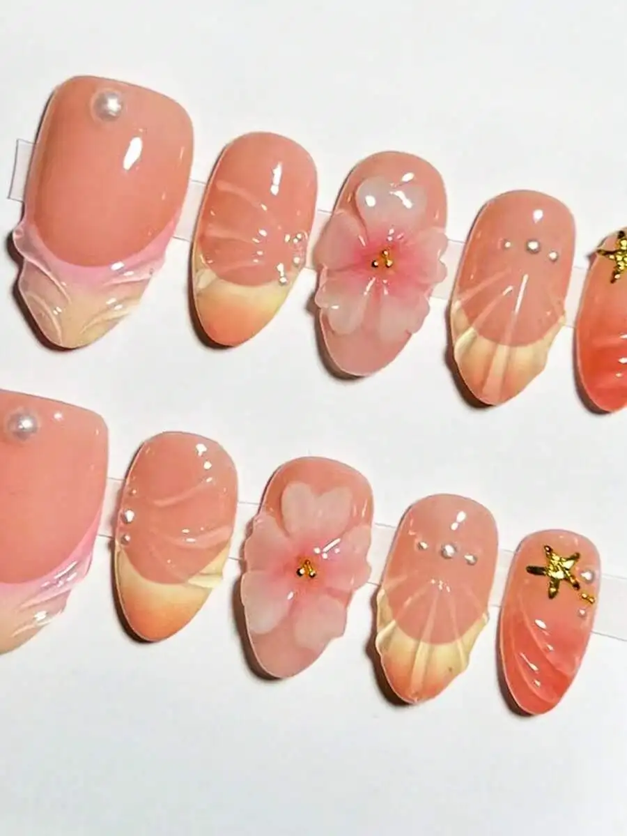 10pcs Almond French Press-On Nails 3D Carved Gradient Orange Nude With Flower Pearl Star Decor