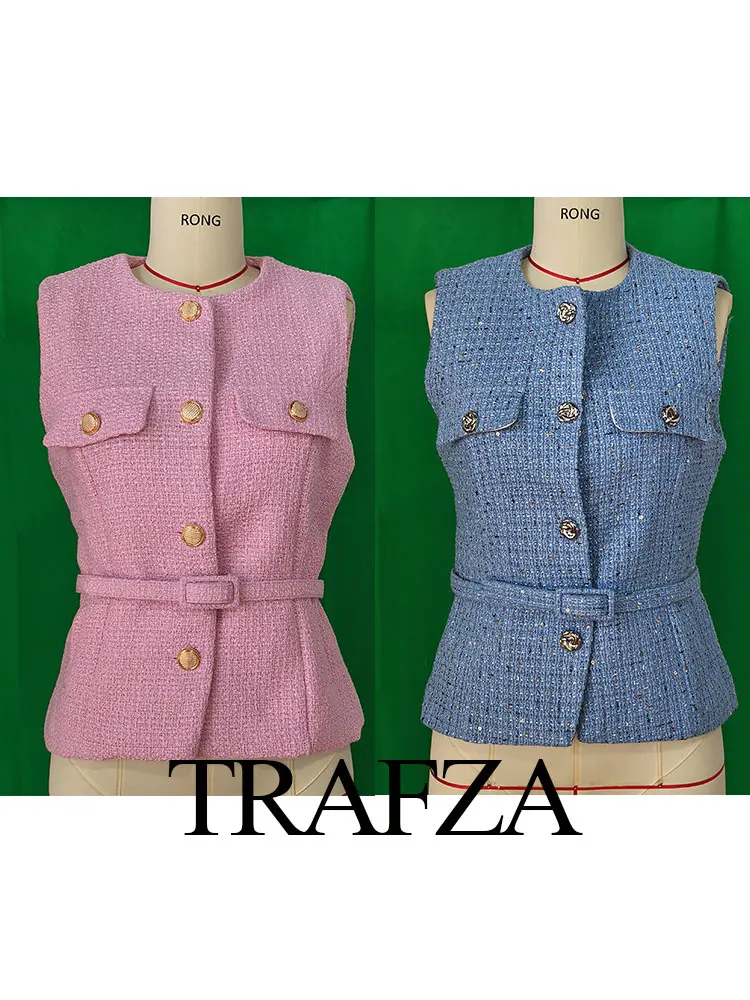 TRAFZA 2025 Woman Button Pockets Decoration Casual Slim Waistcoat Top Women Chic O-Neck Sleeveless Texture Vest Top Mujer image 4