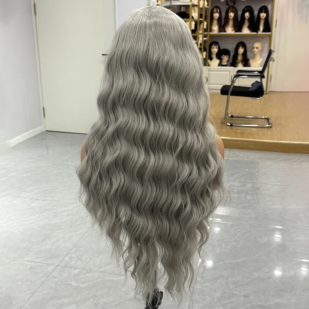 RDY Grey Long Wave Synthetic Lace Wig Natural Wave Lace Hair Ready To Wear Grey Wig Cosplay Synthetic Frontal Lace Wig For Women