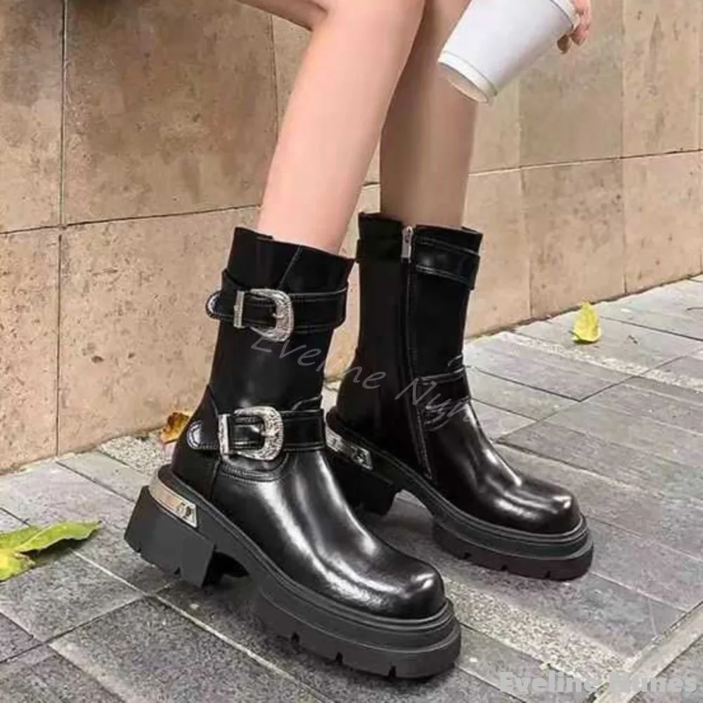 

Thick-soled Chunky Heel Belt Buckle Biker Boots Women Round Toe Side Zipper Black Leather Mid Calf Boots Cool Girl Ankle Boots