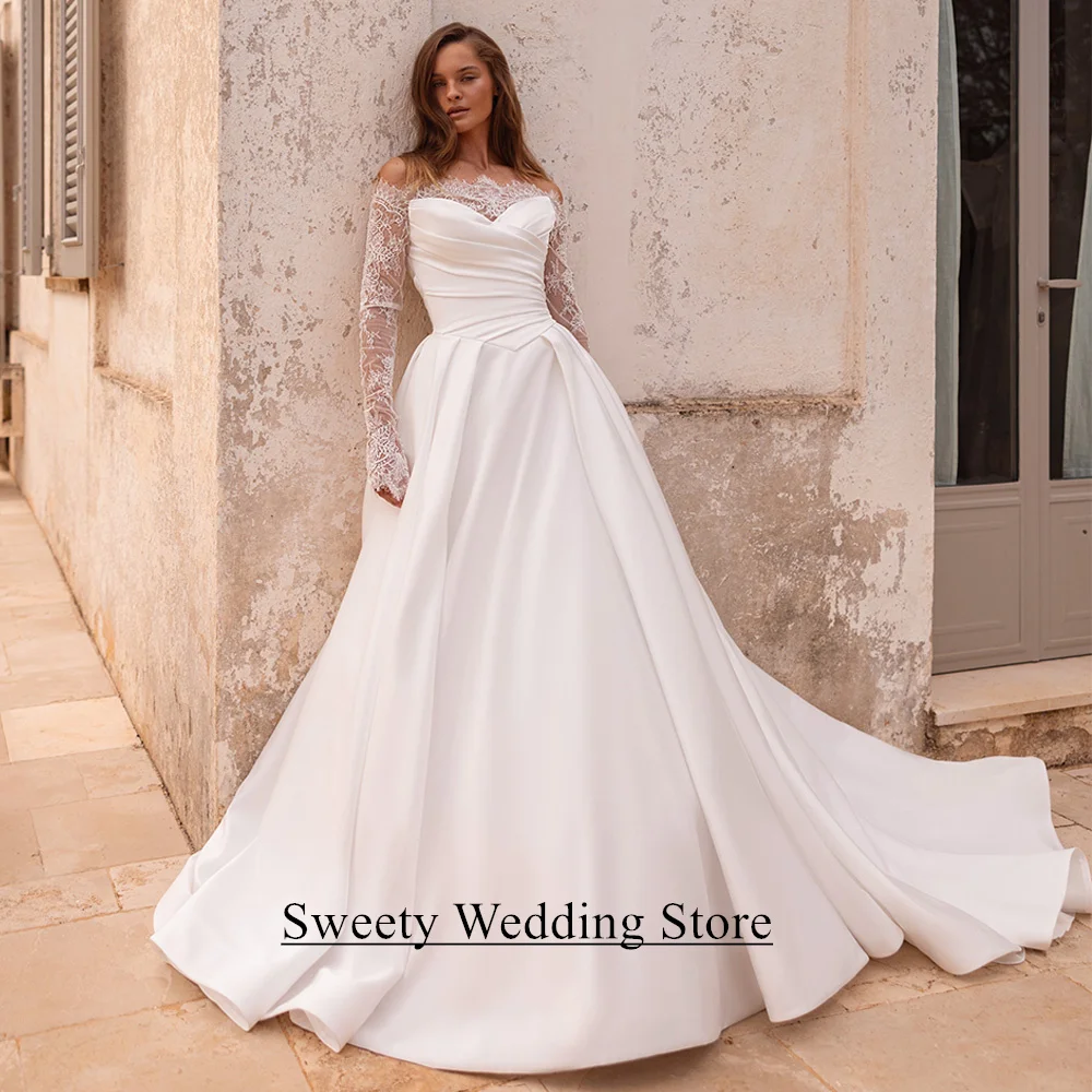 Elegantes Hochzeitskleid für die Braut, maßgeschneidert, U-Boot-Ausschnitt, Spitze, lange Ärmel, Falten, Sweep-Zug, Korsett, Brautkleid, neues Design