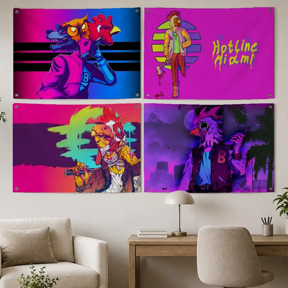 Retro Game Hotline Miami Flags Room Home Decor Wall‑Hanging Art Banner, Outdoor for Bedroom Party Background Decoration