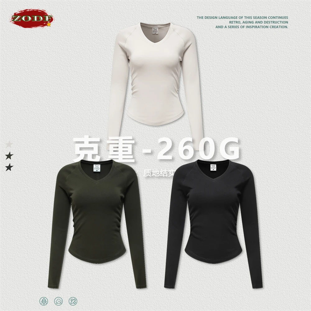 

ZODF Retro Women Autumn 260gsm V-Neck T-Shirts Female Girls Comfortable Full Sleeve Bottoming Shirt Brand Tops HY0692