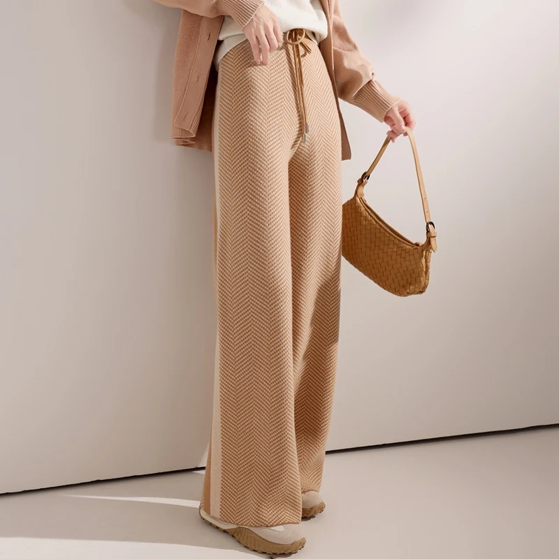 Women Wide-Leg Pants 100% Merino Wool Trousers New Collection High Quality Autumn Winter Soft Thick Female Herringbone‌ Pants