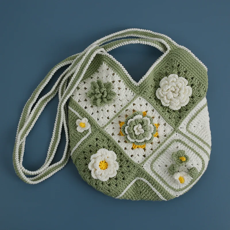 Kawaii Floral Crochet Tote Bag, Hand Woven Hollow Out Granny Square Casual Messenger Bag