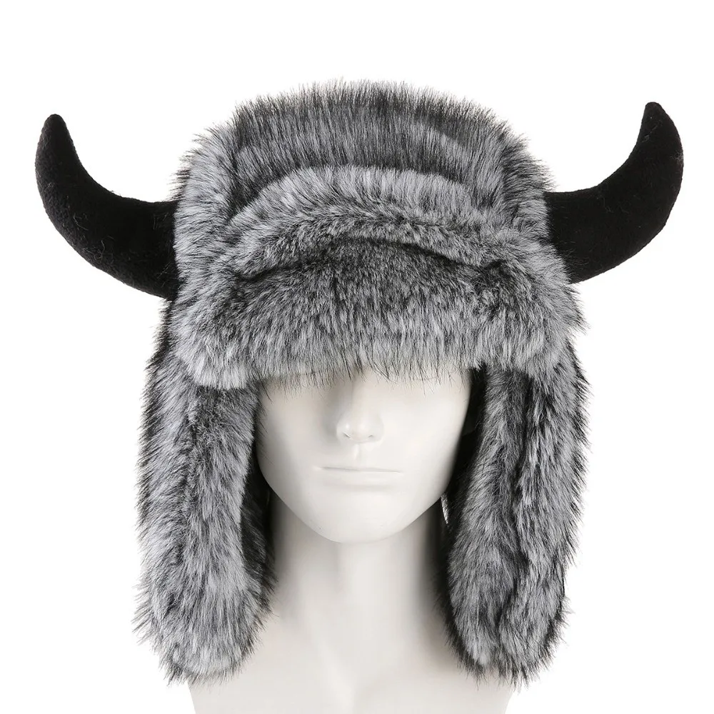 Soft Thick Horn Hat Faux Fur Lined Cow Head Shape Ear Protection Hat Keep Warm with Ear Flaps Winter Ski Hat Men