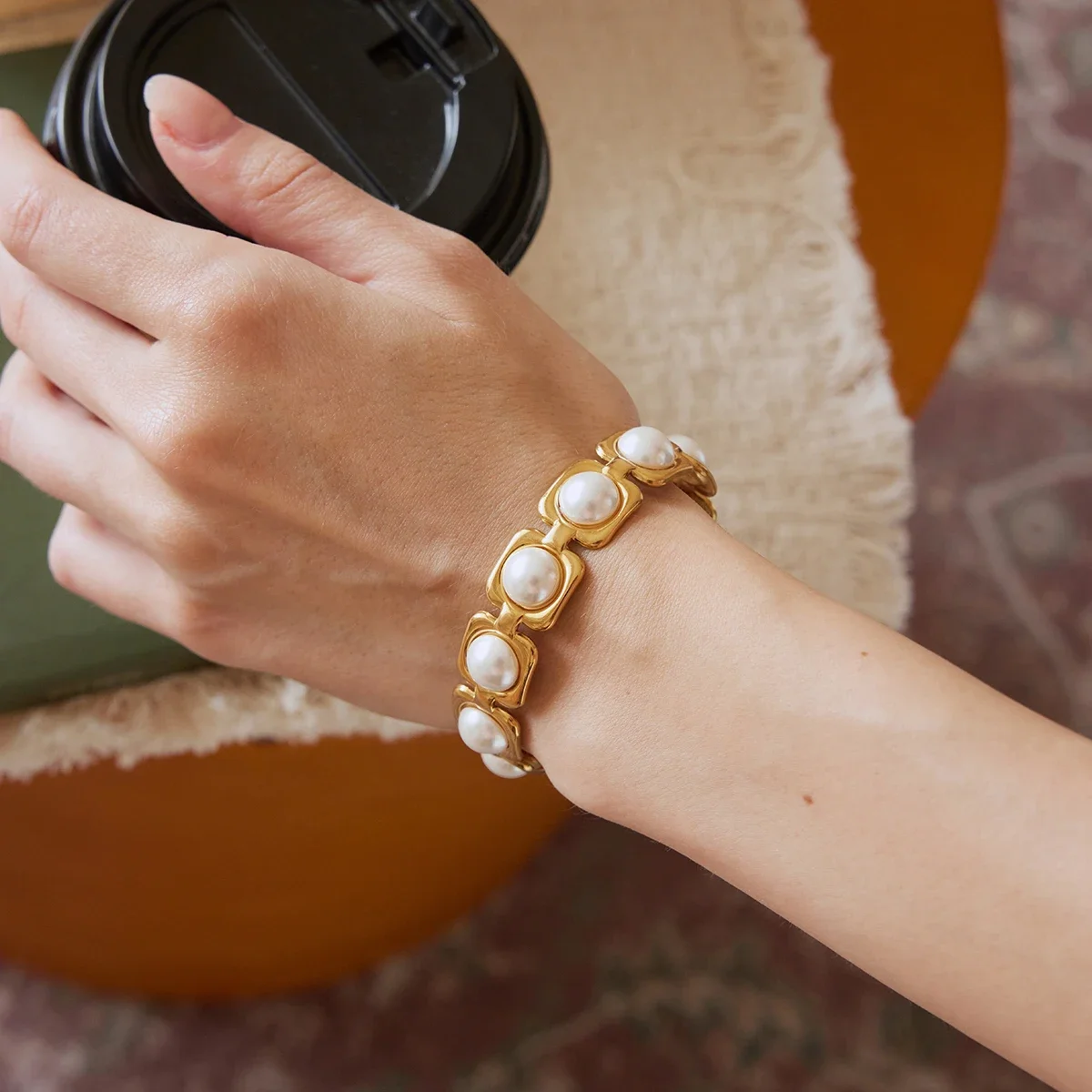 18K Gold Plated Stainless Steel Vintage Imitation Pearl Open Cuff Bangle, Minimalist Bracelet Gift for Women Birthday