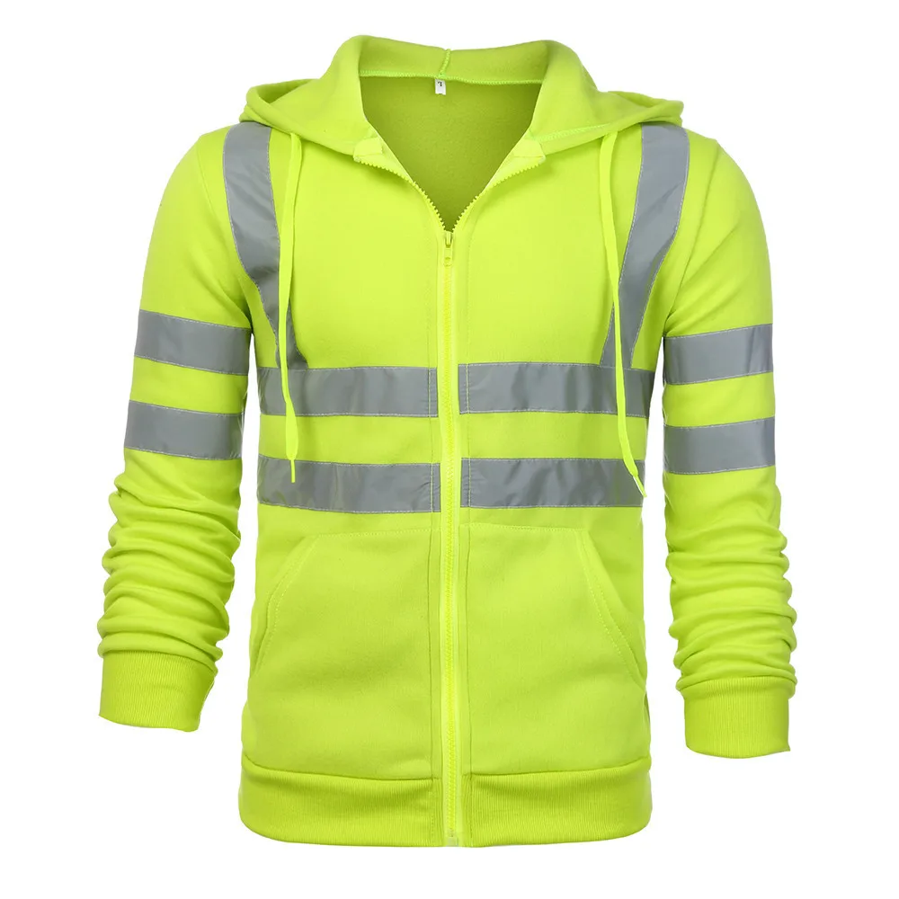 Men's Hi Vis Lime Green Hoodied Sweatshirt Pullover Fleece jacket With Reflective Tripes Working Clothes