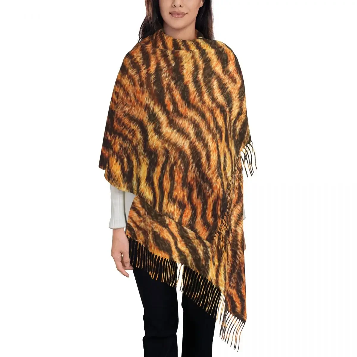 Ladies Large Bengal Tiger Wildlife Print Pattern Scarves Winter Fall Thick Warm Tassel Shawl Wraps Animal Skin Leopard Fur Scarf