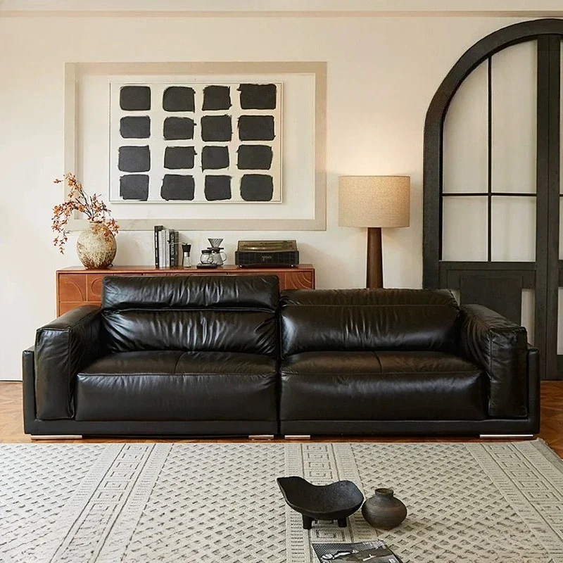 Home Modern American style big black cow straight row black oil wax leather comfortable lazy sofa living room sofas and seating