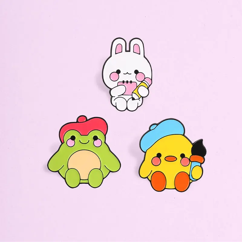 Cute Cartoon Animals Enamel Badges Yellow Duck Blue Hat Rabbit Green Frog Red Beret Pin Alloy Brooches Jewelry Gifts For Kids