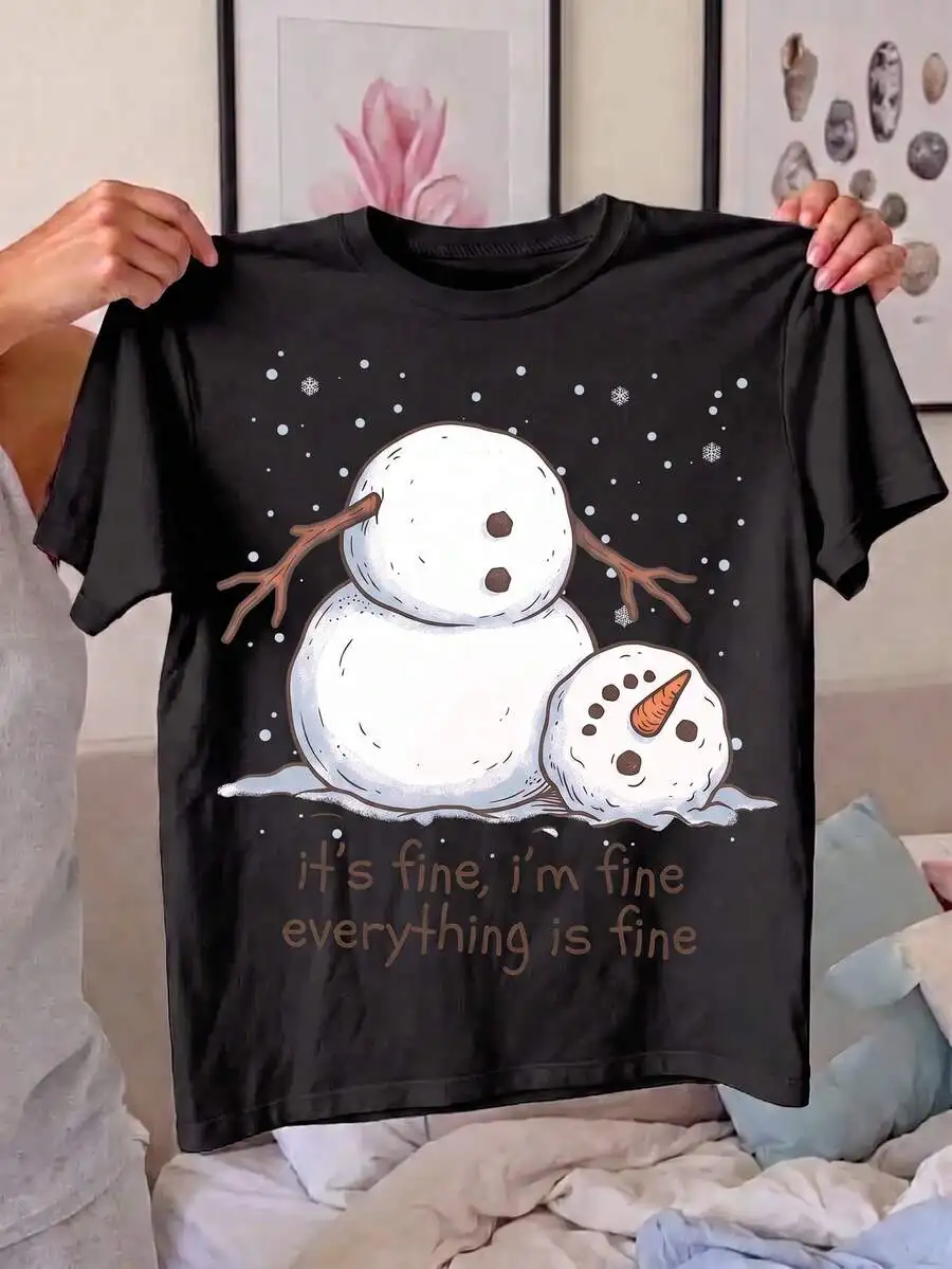 2026 New Fashion Women Crew Neck T-Shirt Fun Christmas Melting Snowman Sublimation Design Print Winter Holiday Casual Tops Basic Top T-Shirt