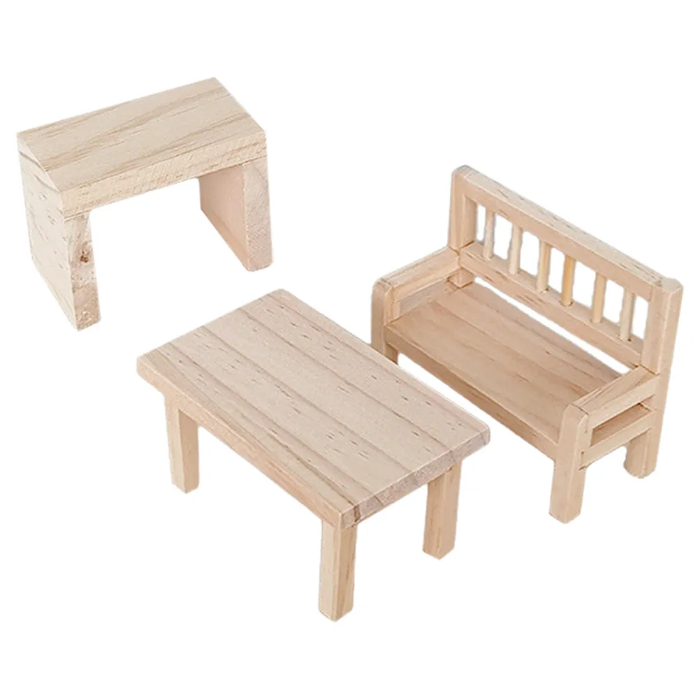 

1Set Mini Table Chair Set Wooden Tiny Furniture Lifelike Round Edge Miniature Home Decor Living Bedroom Sewing Room Accessories