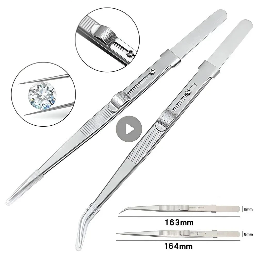 Professional Stainless Steel Tweezers Adjustable with Buckle Slide Lock Antistatic for Diamond Gem Jewelry Making Precision Tool